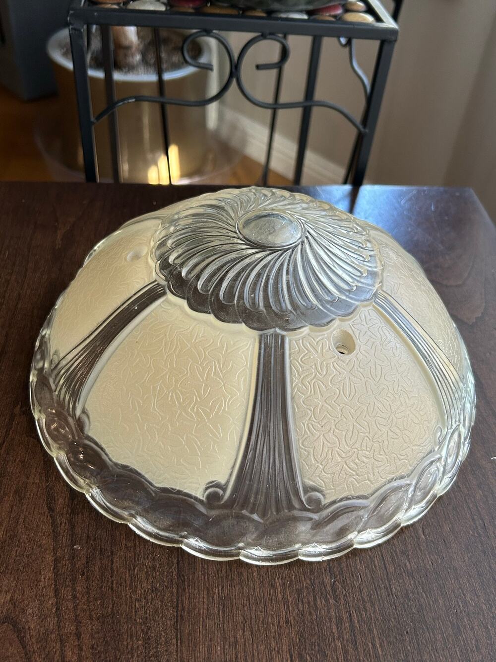 Vintage Art Deco Ceiling Clear & Creme Ornate Blown Glass Shade
